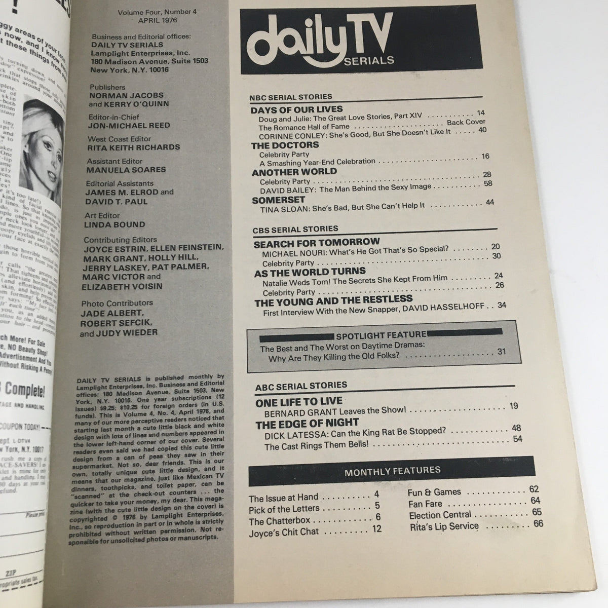 Inside page of Daily TV Serials Magazine, April 1976, showcasing the table of contents and featured articles on various daytime TV shows.