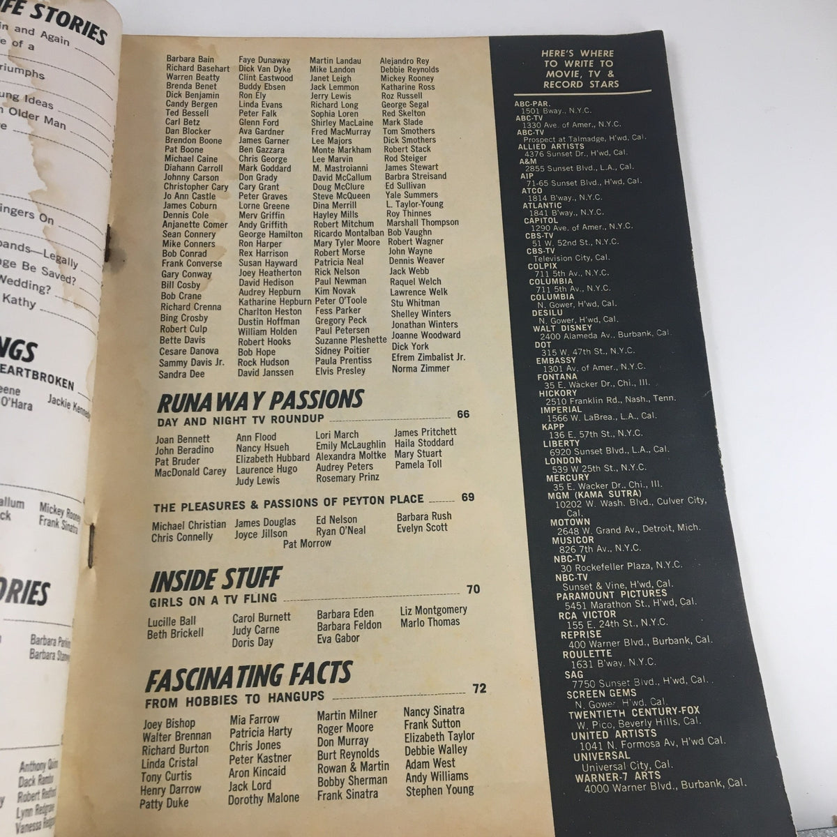 Inside page of TV Yearbook Magazine No. 20 detailing articles such as 'Runaway Passions' and featuring a list of actors from classic television shows.