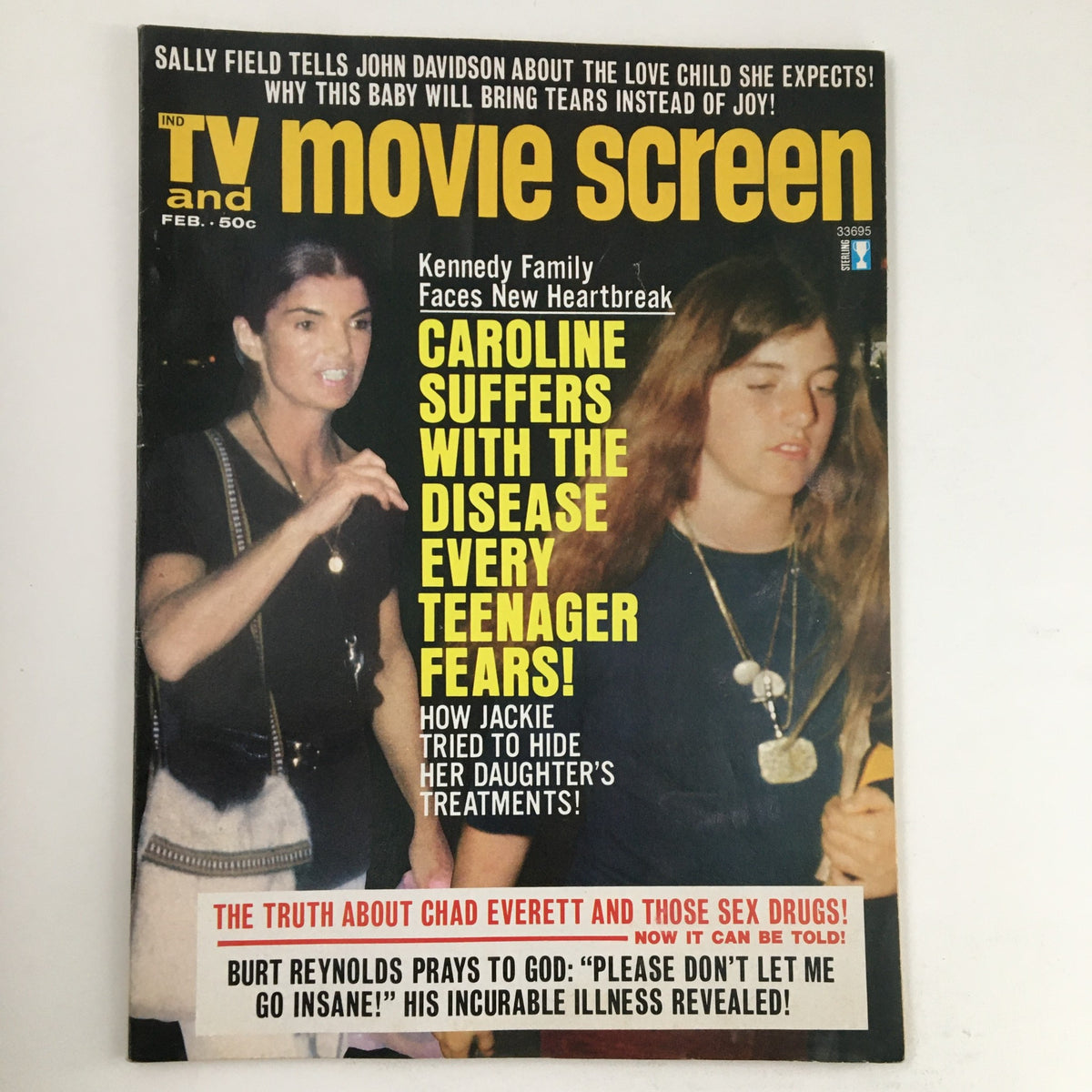 Cover of TV & Movie Screen Magazine February 1974 featuring Jackie and Caroline Kennedy with headlines about Caroline's health and Jackie Kennedy's efforts. An iconic representation of early 1970s pop culture.