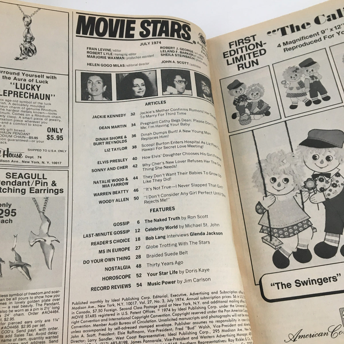 Inside spread of Movie Stars Magazine July 1974 displaying contents and articles, featuring Jackie Kennedy and Liz Taylor, an essential piece for vintage magazine enthusiasts.