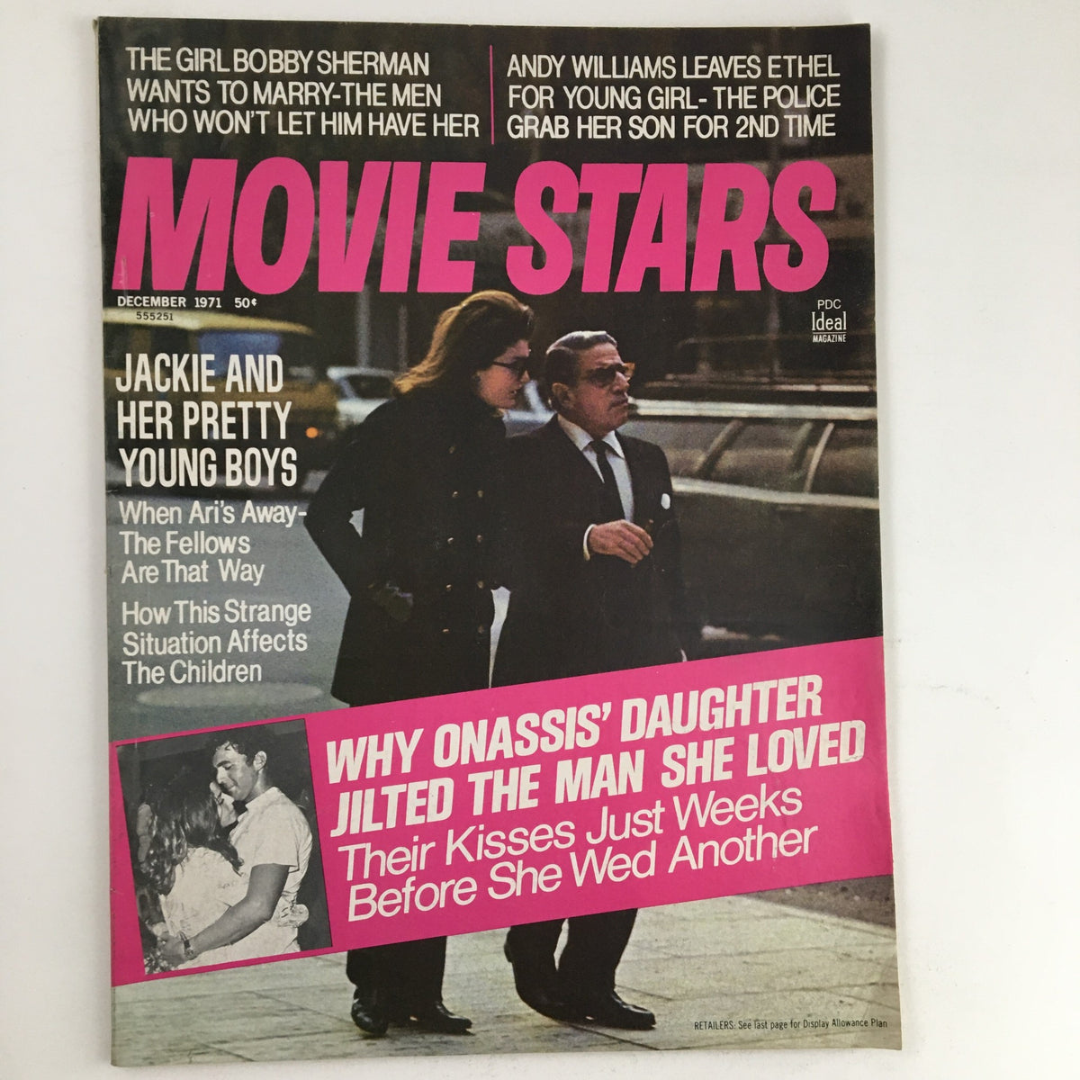 Movie Stars Magazine December 1971 featuring Jackie Kennedy and Aristotle Onassis on the cover, showcasing vintage Hollywood culture with bold pink typography and intriguing headlines.