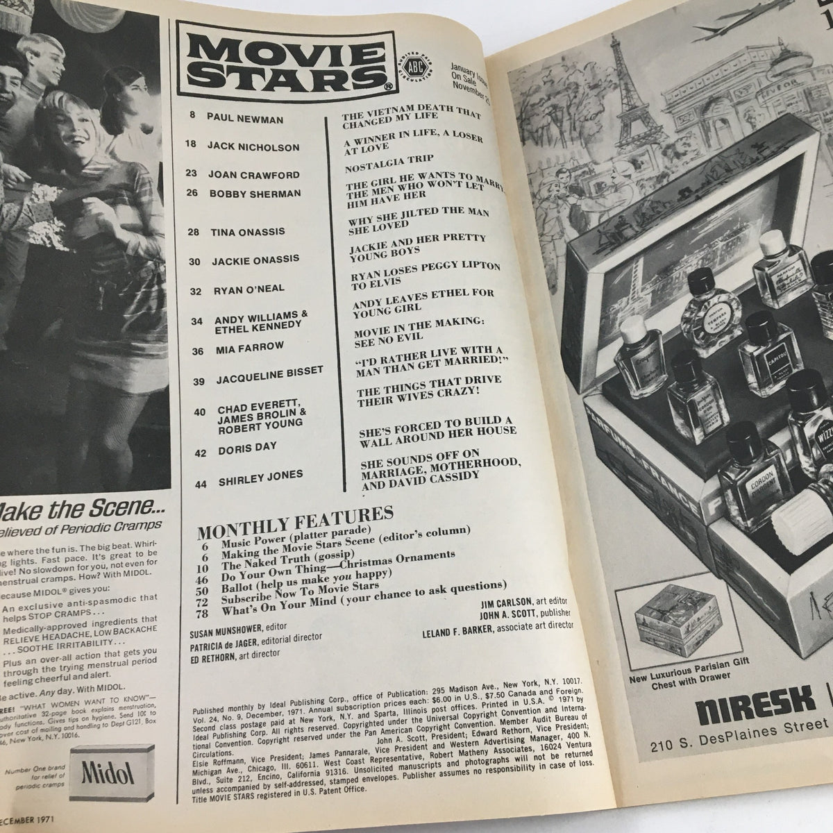 Interior page of Movie Stars Magazine December 1971 displaying contents and articles including Jacqueline Bisset and Ryan O'Neal, highlighting nostalgic features.
