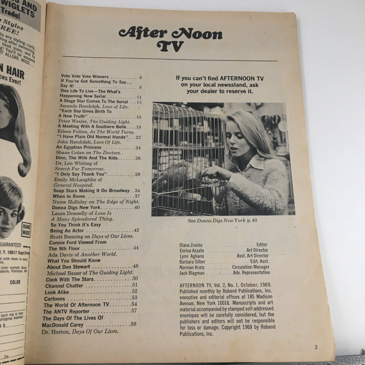 Inside page of Afternoon TV Magazine October 1969 displaying the table of contents and various featured articles.