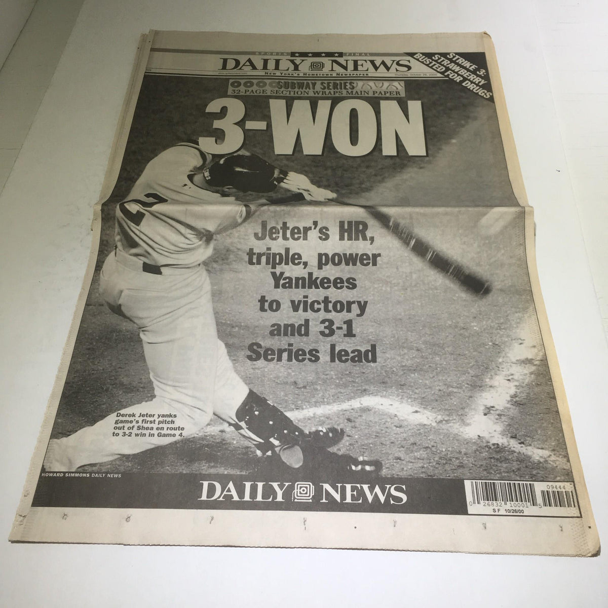 Front page of NY Daily News featuring the title '3-WON', celebrating Derek Jeter's performance with a headline about Yankees victory in the 2000 World Series.