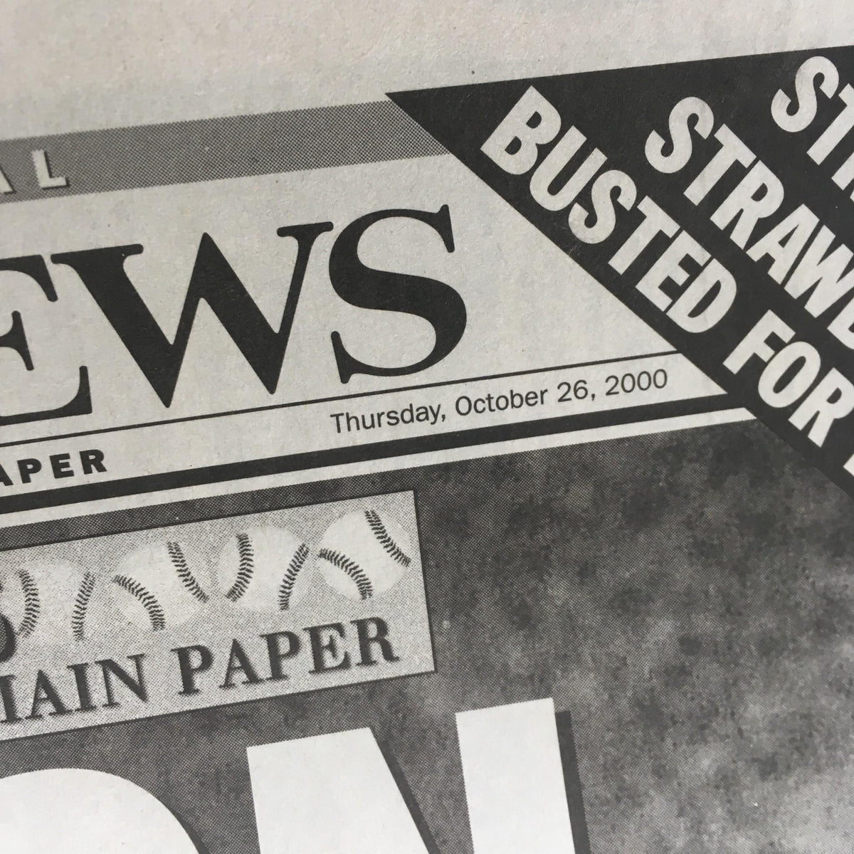 Close-up of the NY Daily News masthead dated Thursday, October 26, 2000, showcasing the newspaper's branding and publication date.