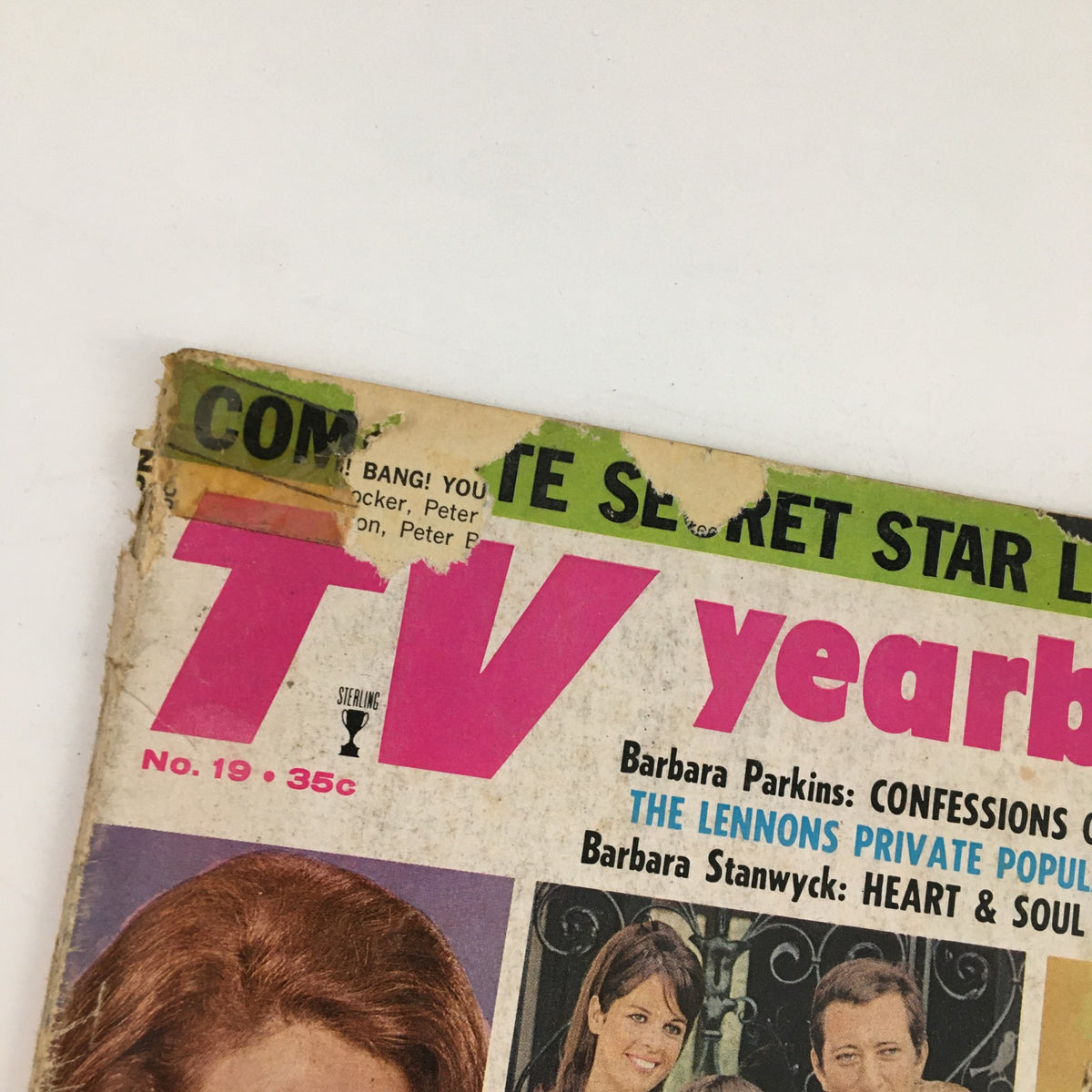 Close-up view of the cover of TV Yearbook No. 19, showcasing the title and notable names like Barbara Parkins and Barbara Stanwyck, emphasizing its vintage appeal.