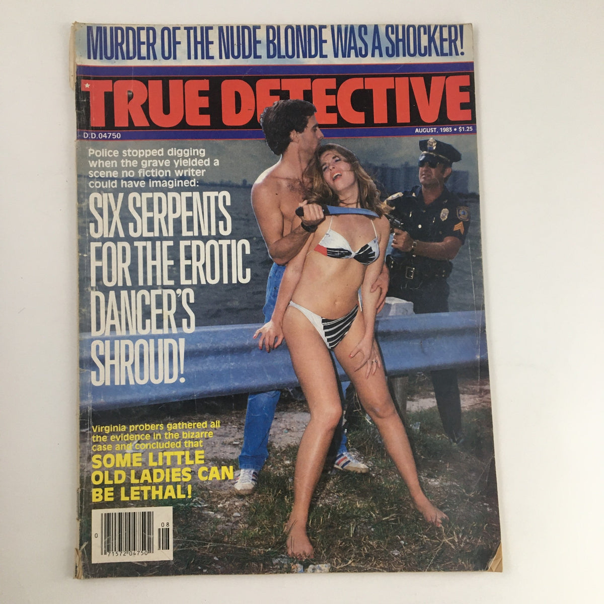 Cover of True Detective Magazine, August 1983, featuring the headline 'Murder of the Nude Blonde Was a Shocker!' and displaying a dramatic scene with a couple by a police officer.