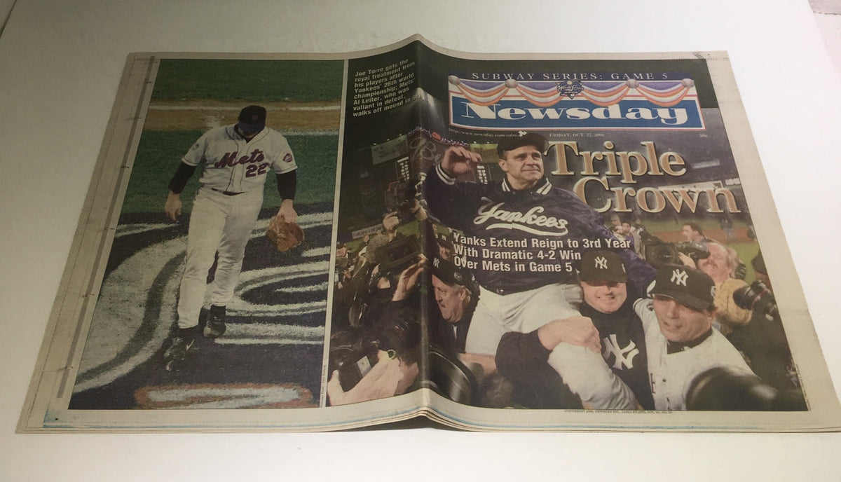 Front page of Newsday dated 10/27/2000 featuring the title 'Newsday: 10/27/2000 Yanks Extend Reign 2 3rd Yr W/ 4-2 Win Over Mets in Game 5,' highlighting the New York Yankees' victory against the New York Mets in the Subway Series, Game 5 with a dramatic win.