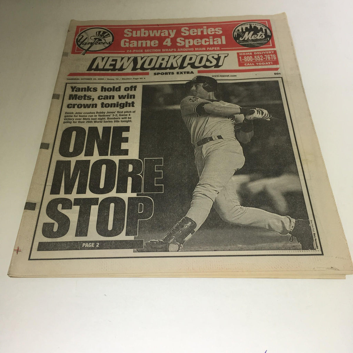New York Post front page from October 26, 2000, featuring the headline 'One More Stop' with a photo of a baseball player, highlighting the Subway Series Game 4 between the Yankees and Mets.