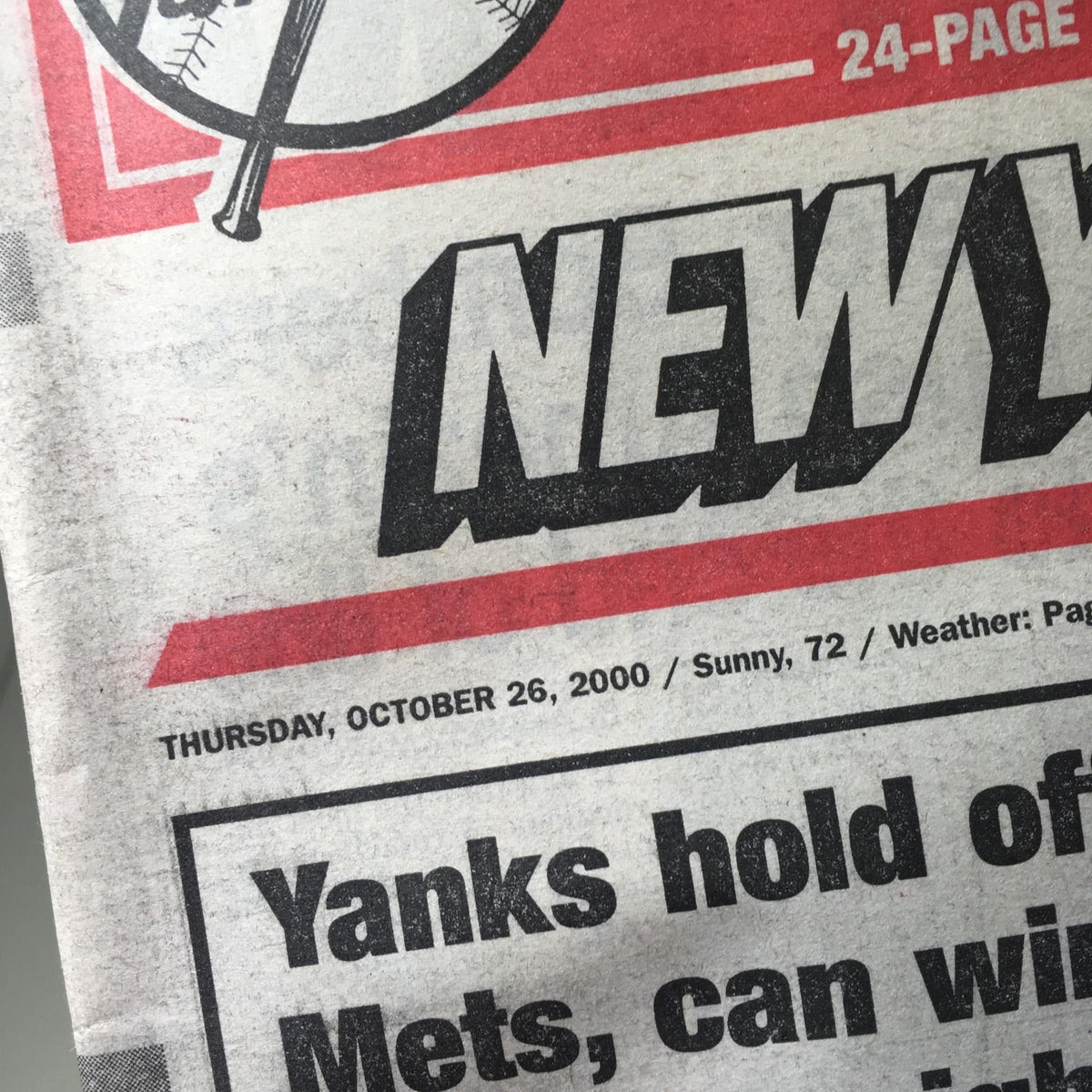 New York Post newspaper from October 26, 2000, featuring the title 'New York Post: Oct 26 2000 One More Stop' with headlines about the Yankees and Mets.