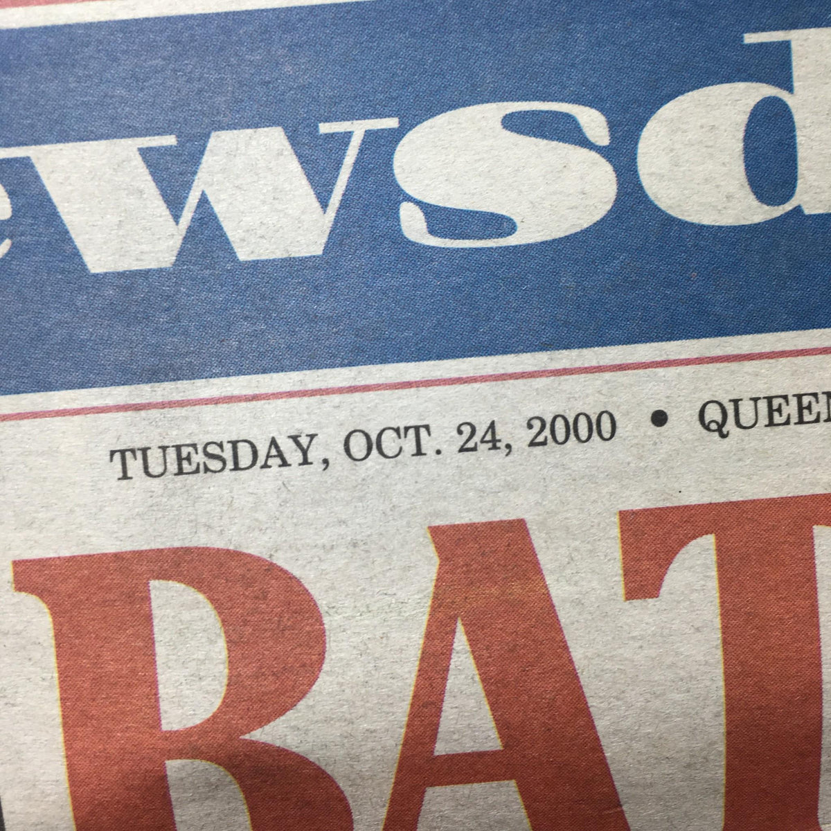 Close-up of the Newsday date header, showing 'Tuesday, Oct. 24, 2000,' from the article titled 'EmBATtled,' highlighting the significance of the date.