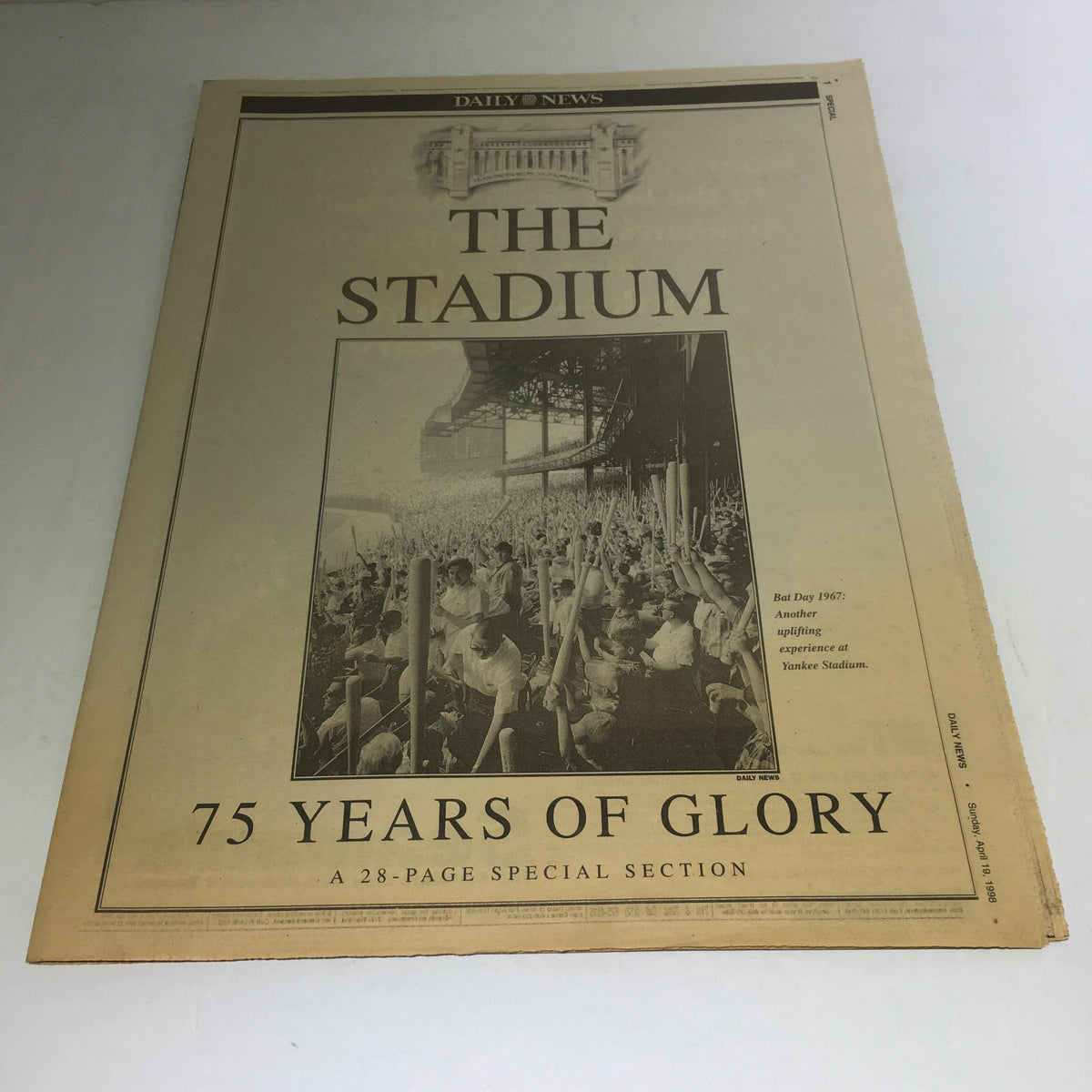 Cover of NY Daily News April 19, 1998, Yankee Stadium 75 Years of Glory Special Section featuring a historic photograph of the stadium crowd.