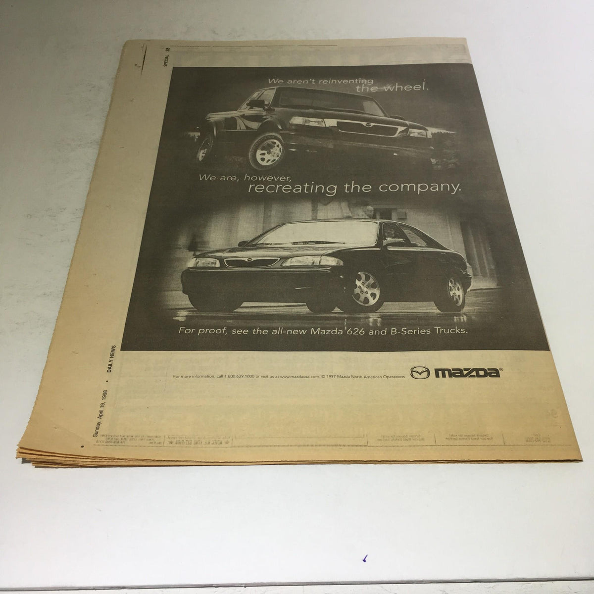 Back cover of the NY Daily News April 19, 1998, Yankee Stadium 75 Years of Glory Special Section displaying a vintage Mazda advertisement.