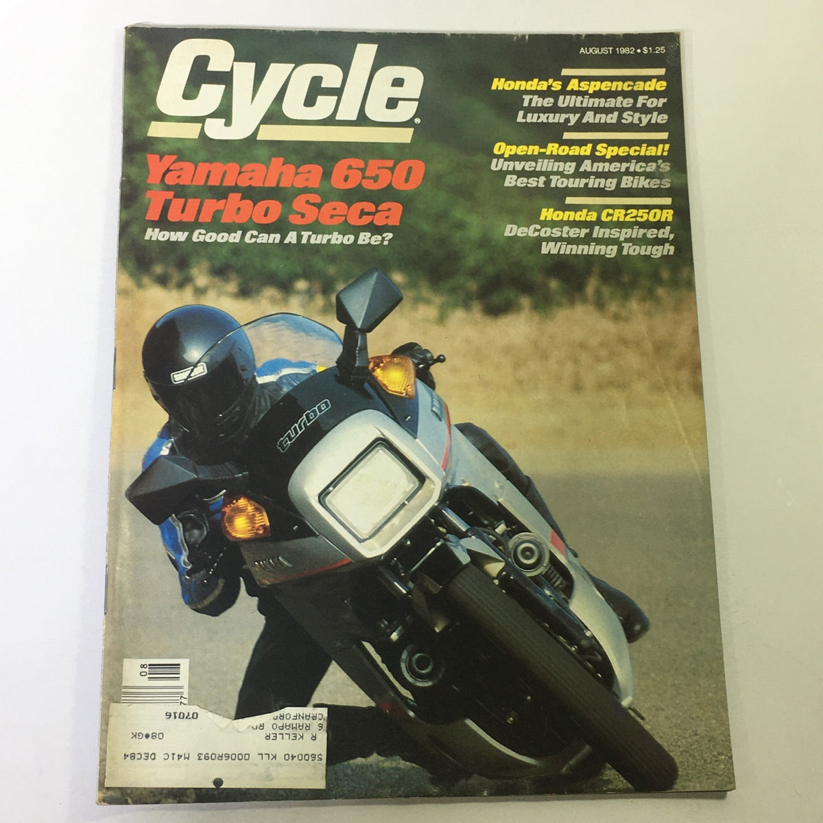 Vintage Cycle Magazine August 1982 featuring Yamaha 650 Turbo Seca and Honda CR250R with a motorcyclist riding the Yamaha. Explore technical insights and history of these iconic bikes.