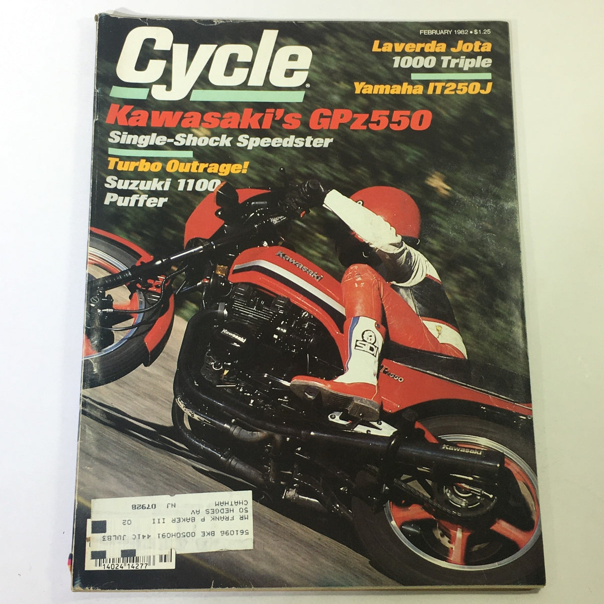 Vintage magazine cover featuring Kawasaki GPz550 and Suzuki 1100 Puffer from February 1982, showcasing the iconic motorcycle design and technology of the era.