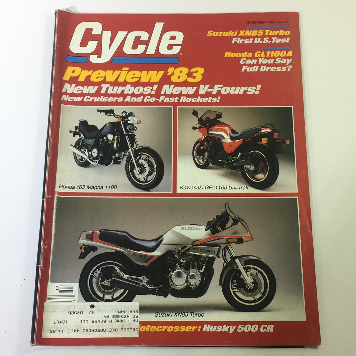 Cover of VTG Cycle Magazine from December 1982 featuring the Suzuki XN85 Turbo, Honda GL1100A, and a preview of 1983 motorcycle models.