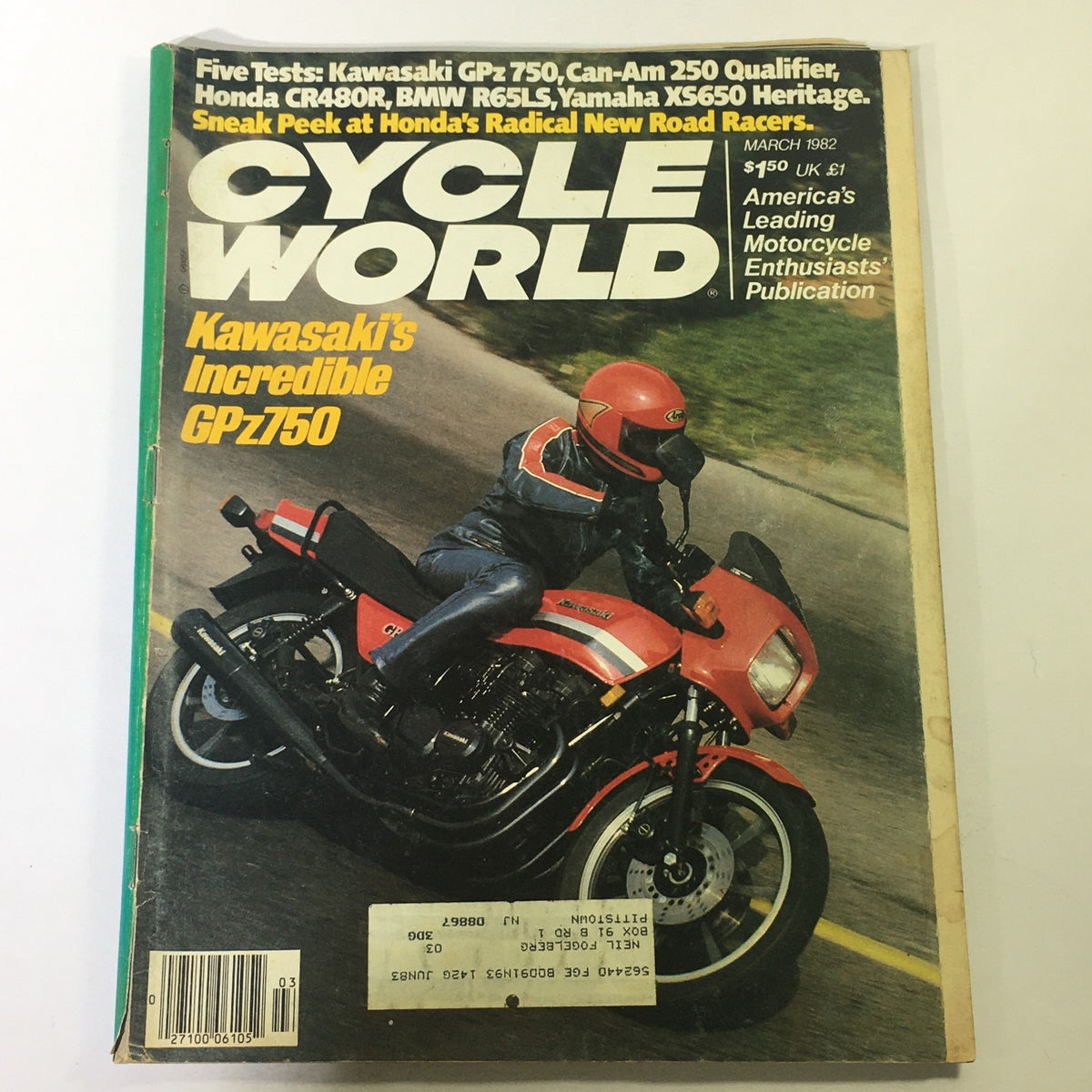 Cover of VTG Cycle World Magazine from March 1982 featuring Kawasaki GPz750 and Can-Am 250 Qualifier, showcasing a rider in a red helmet on a Kawasaki bike, with headlines emphasizing motorcycle tests and rich photography.