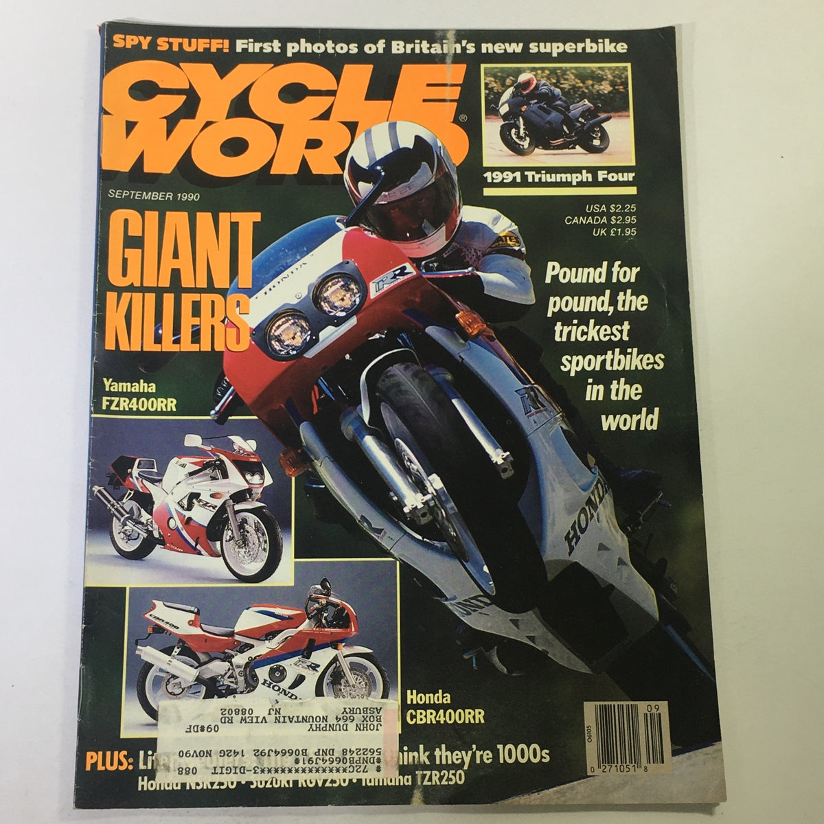 Cycle World Magazine September 1990 cover featuring 1991 Triumph Four and Yamaha FZR400RR, highlighting motorcycle reviews and technology of the era.