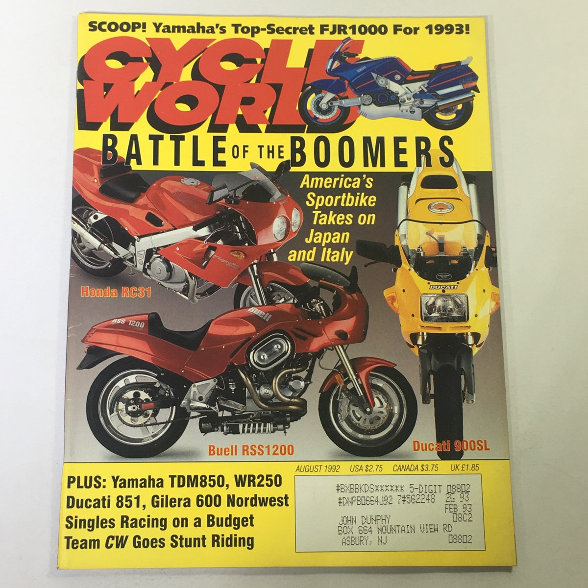 Cover of Cycle World Magazine August 1992 featuring a stunning motorcycle lineup including Yamaha TDM850, WR250, Ducati 850, and Buell RSS1200, with bold headlines about motorcycle performance and road tests.