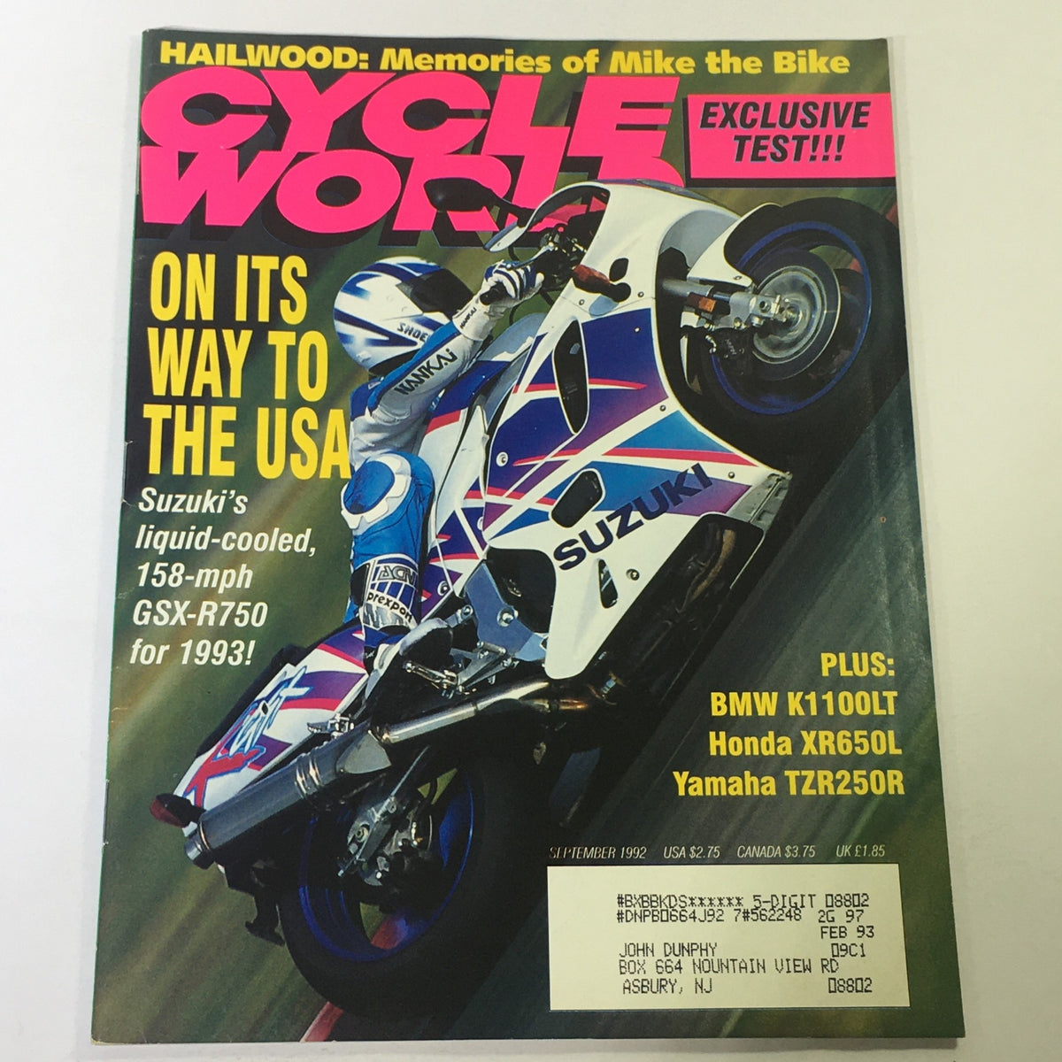 Cover of Cycle World Magazine September 1992 featuring Suzuki's GSX-R750, showcasing the headline 'On Its Way to the USA' with articles on BMW K1100LT, Honda XR650L, and Yamaha TRZ250.