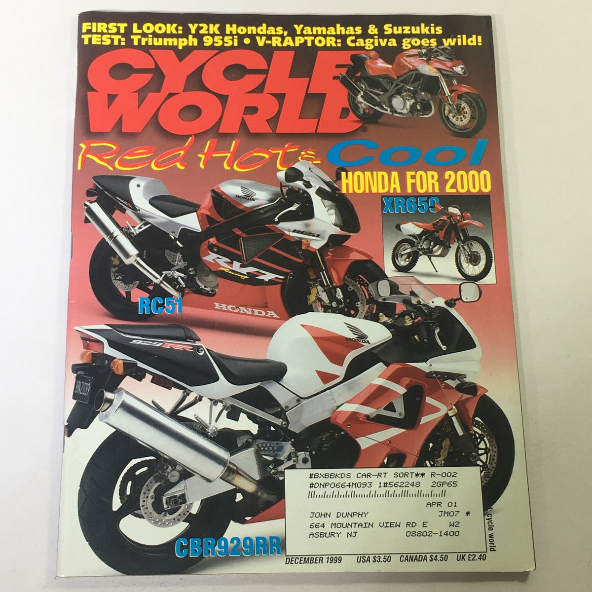 Cycle World Magazine December 1999 cover featuring Honda motorcycles for the year 2000, including the XR650, RC51, and CBR929RR, showcasing vibrant graphics and motorcycle models.