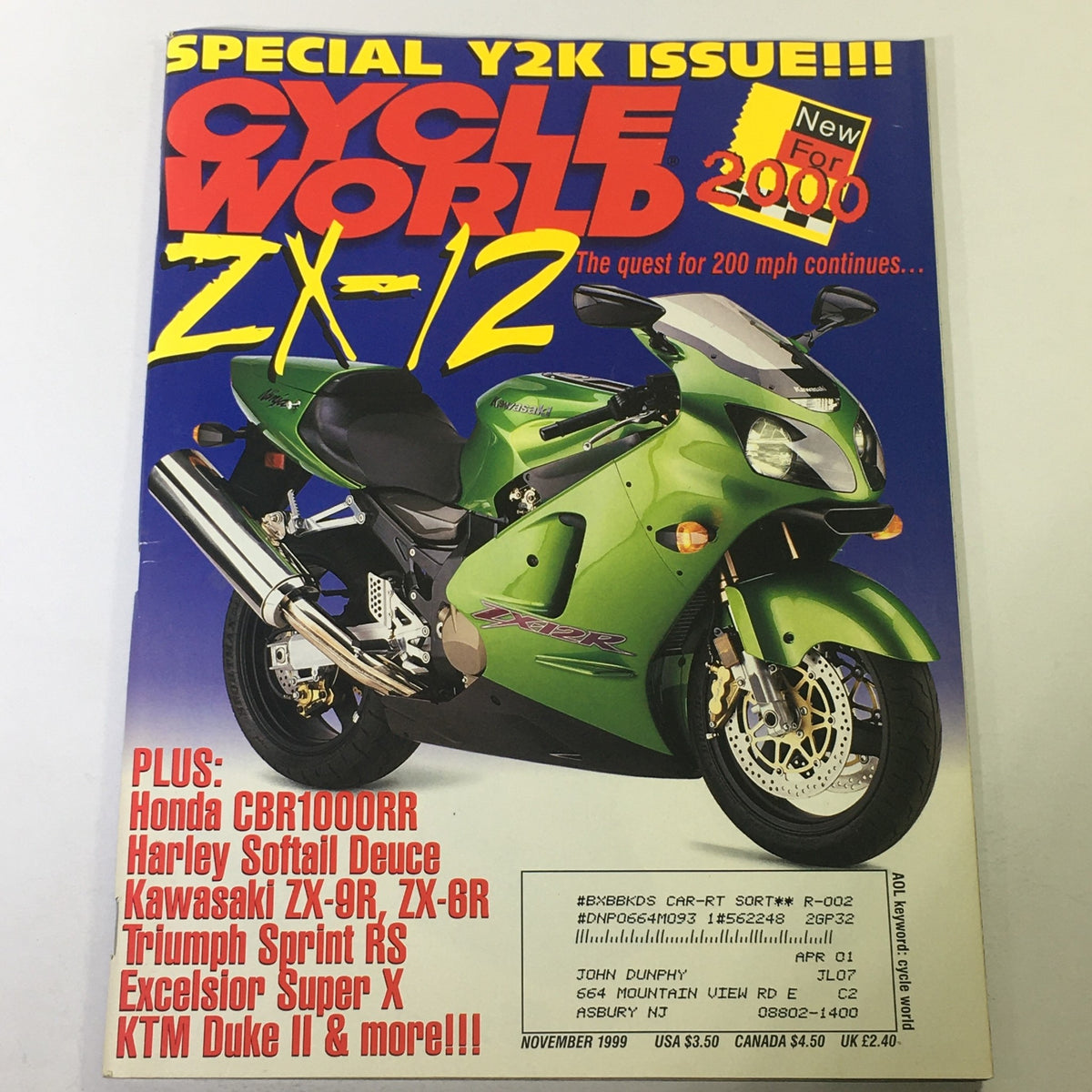 Cover of Cycle World Magazine from November 1999 featuring the Kawasaki ZX-12 and Honda CBR1000RR, showcasing its special Y2K edition focus with a vibrant design and motorcycle highlights.