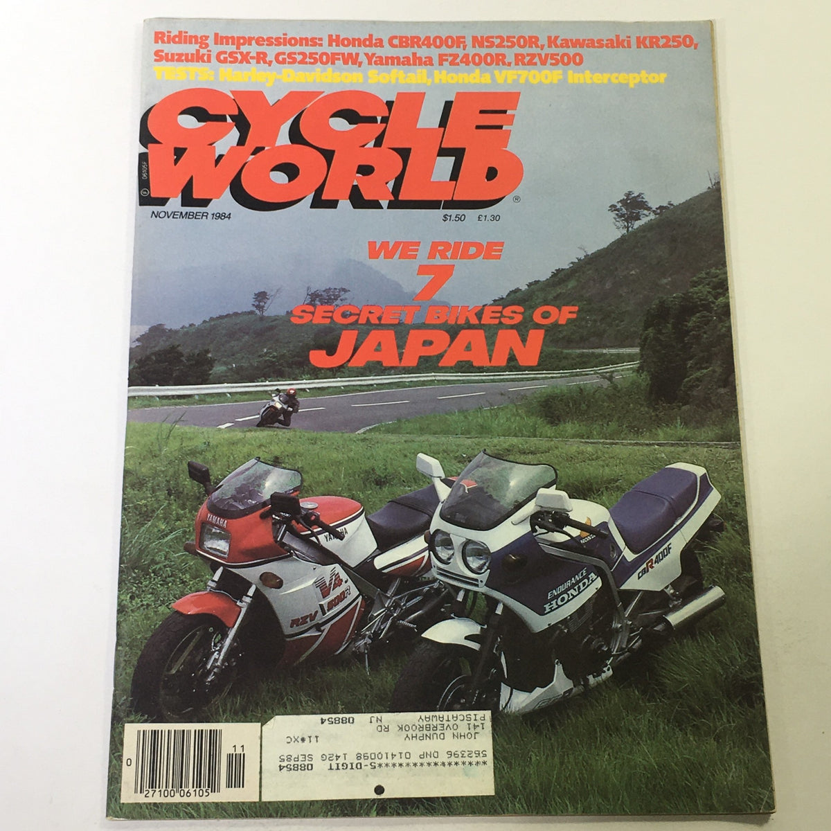 Cover of Cycle World Magazine November 1984 featuring Honda CBR400F and NS250R motorcycles, showcasing 'We Ride 7 Secret Bikes of Japan'.