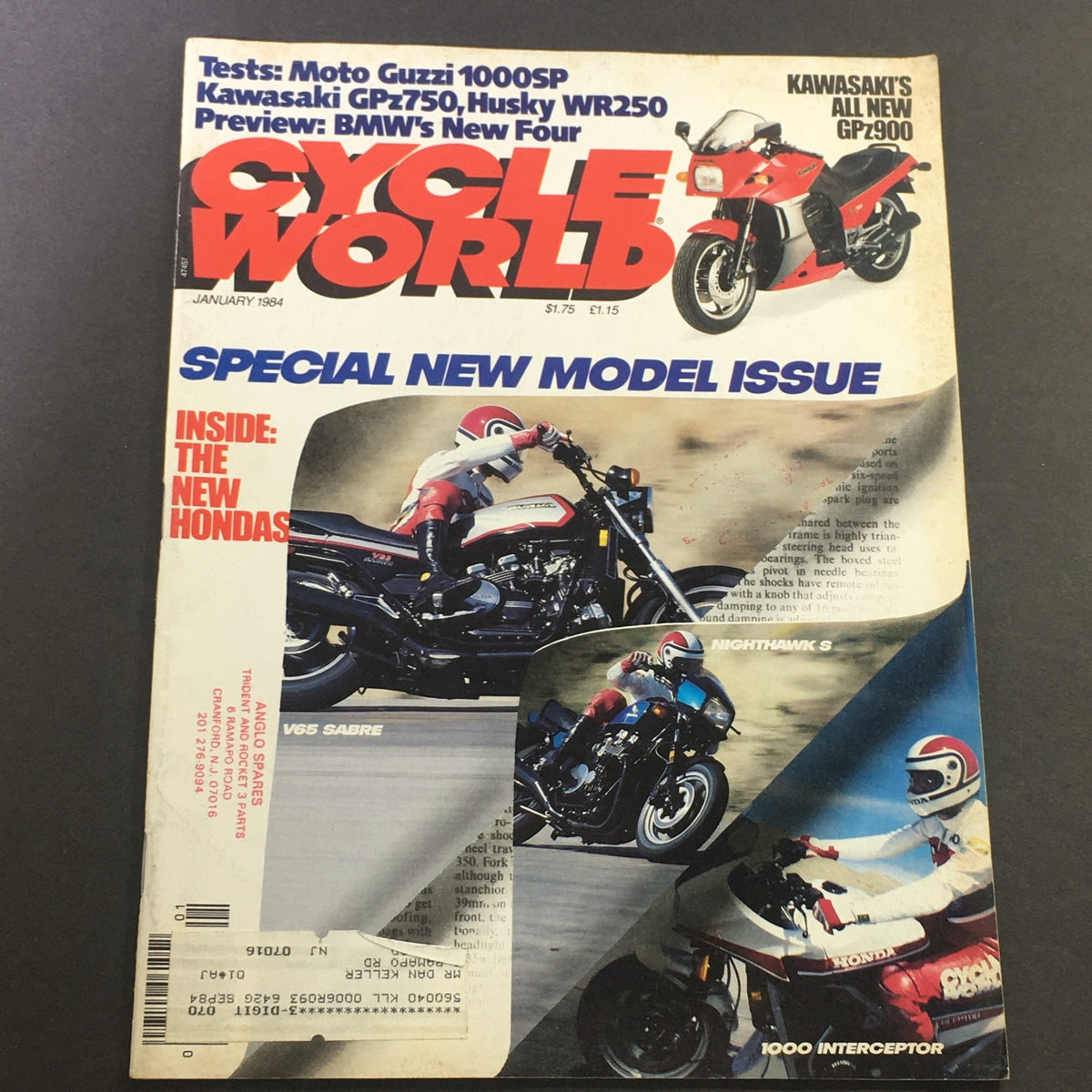 Cycle World Magazine January 1984 featuring Moto Guzzi 1000SP and Kawasaki GPz750 cover, showcasing motorcycle models and special new model issue.