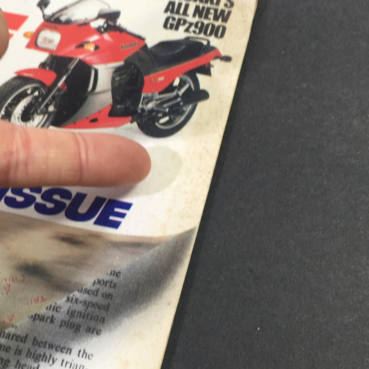 Close-up of Cycle World Magazine January 1984 cover displaying Kawasaki GPz900, part of special new model issue, emphasizing motorcycle design and features.