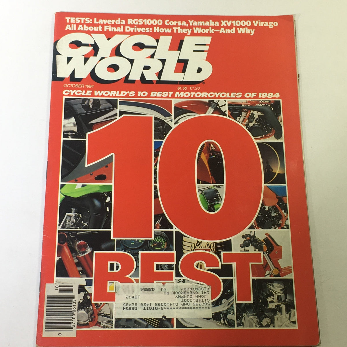 Cover of VTG Cycle World Magazine from October 1984 featuring Laverda RGS1000 Corsa and Yamaha XV1000, highlighting 'Cycle World's 10 Best Motorcycles of 1984' with vibrant red design.