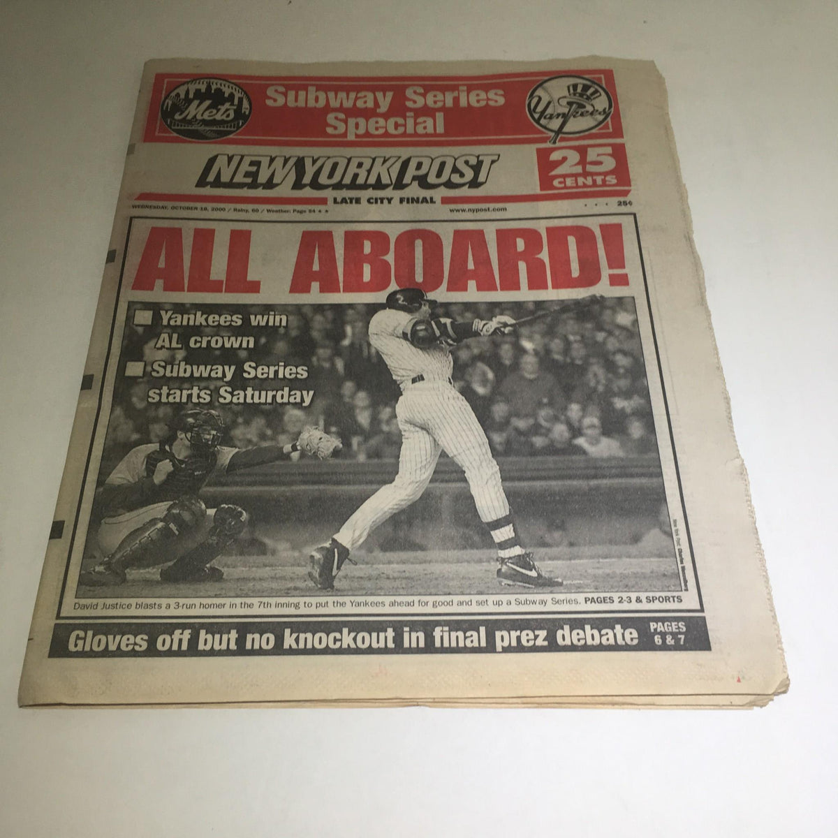 Front page of the New York Post dated October 18, 2000, featuring the headline 'ALL ABOARD!' covering Yankees' victory and Subway Series events.