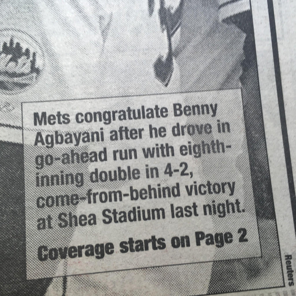 NY Post: 10/25/2000 Mets topple Yanks, El Duque to capture Game 3 - Article excerpt highlighting Mets' player Benny Agbayani's contribution to the game.