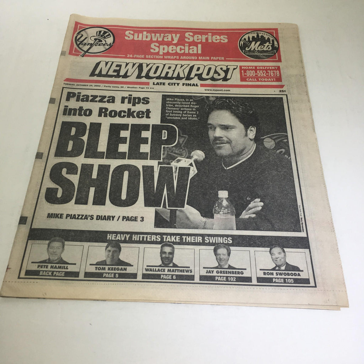 New York Post from October 24, 2000, featuring the headline 'Piazza rips into Rocket' with an image of Mike Piazza discussing the Bleep Show.