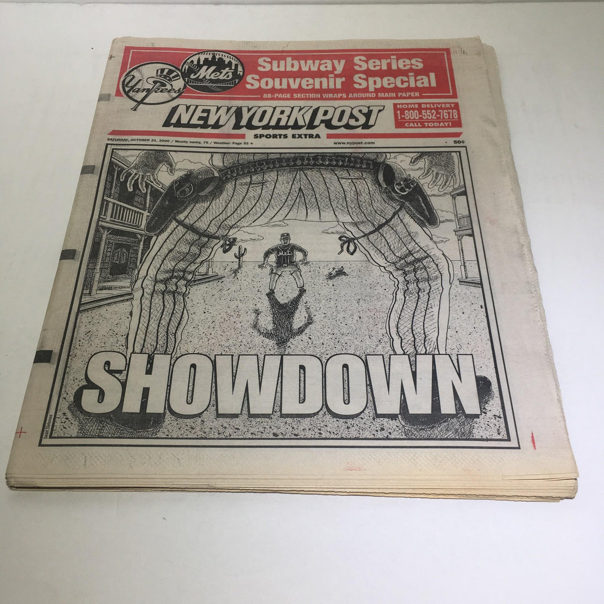 New York Post: Oct 21 2000 Showdown newspaper front page featuring an illustration related to the Subway Series, showcasing the iconic moments in sports history. Excellent condition with mild wear, suitable for collectors.