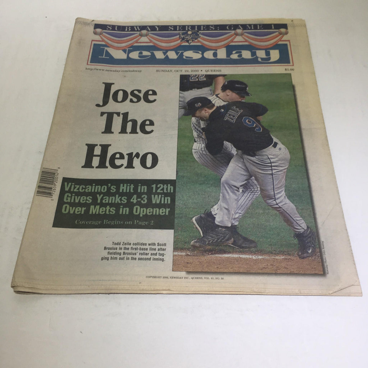 Newsday newspaper front page from October 22, 2000, featuring the title 'Jose The Hero', highlighting the Subway Series game with a notable image of players on the field.