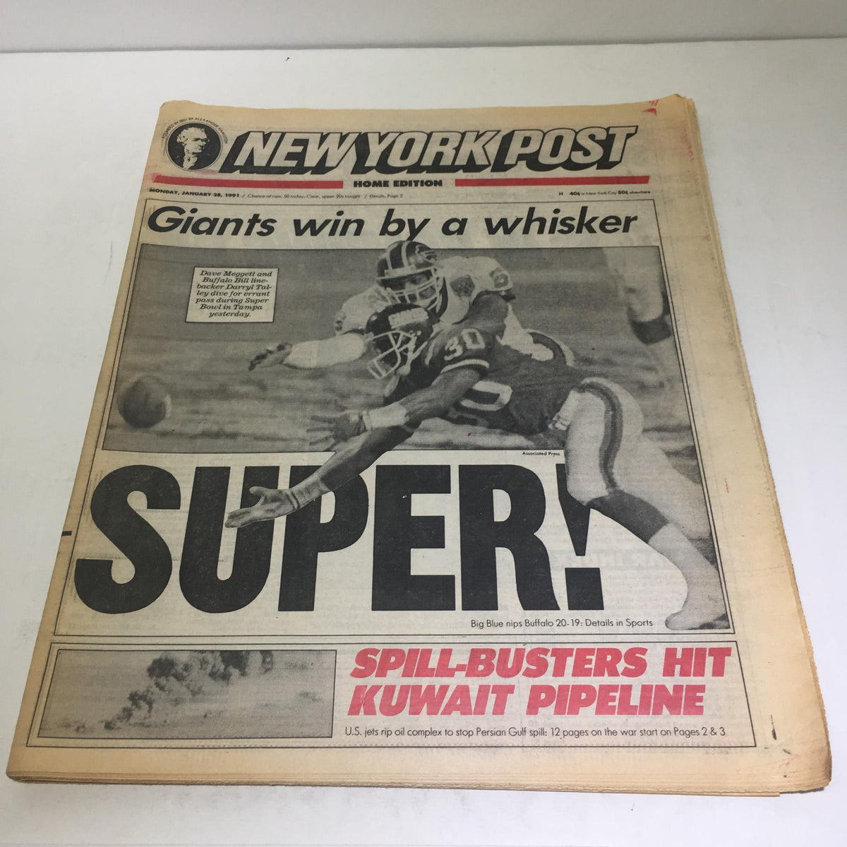 New York Post newspaper from January 28, 1991, featuring the headline 'Giants Win By A Whisker Super!' showcasing a thrilling moment from American football history.