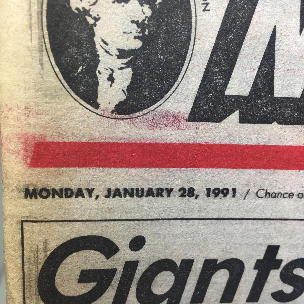 Close-up of the New York Post's publication date, Monday, January 28, 1991, emphasizing the historic significance of the sports article featuring 'Giants Win By A Whisker Super!'.