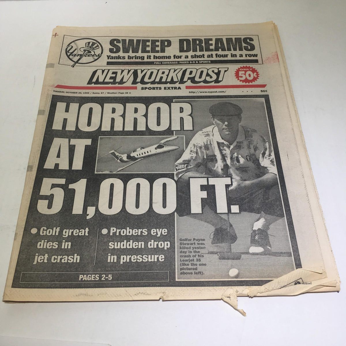 New York Post headline 'Horror At 51,000 FT' from October 26, 1999, featuring an image related to a plane incident alongside a golfer, illustrating the tragic jet crash.