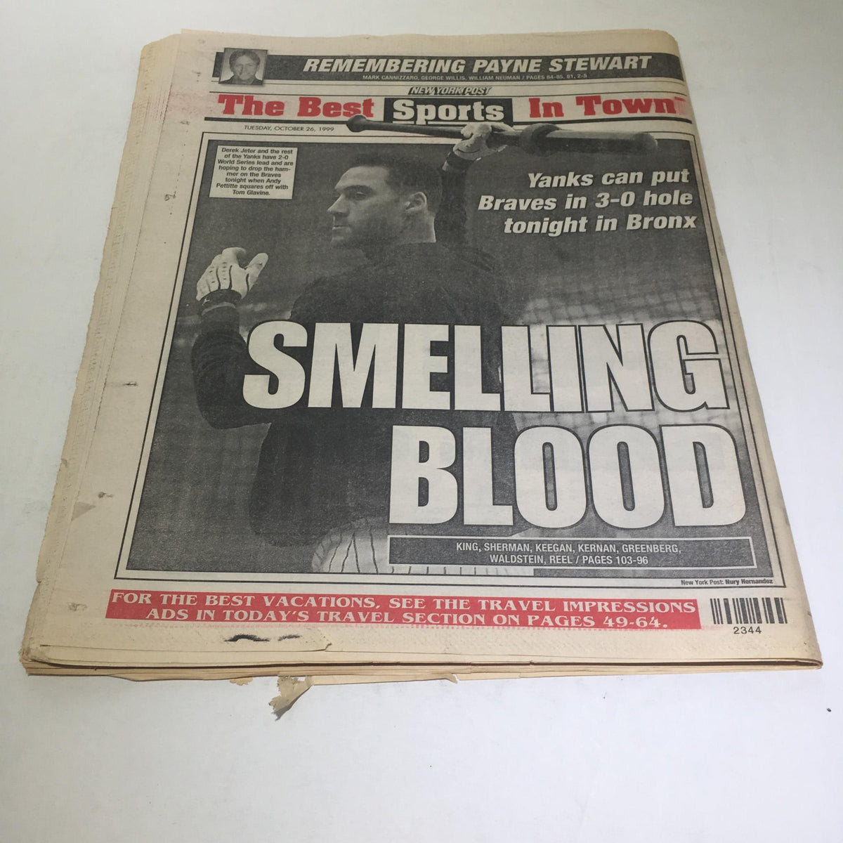New York Post sports section headline 'Smelling Blood,' showcasing a sports article alongside the headline 'Horror At 51,000 FT' from October 26, 1999.
