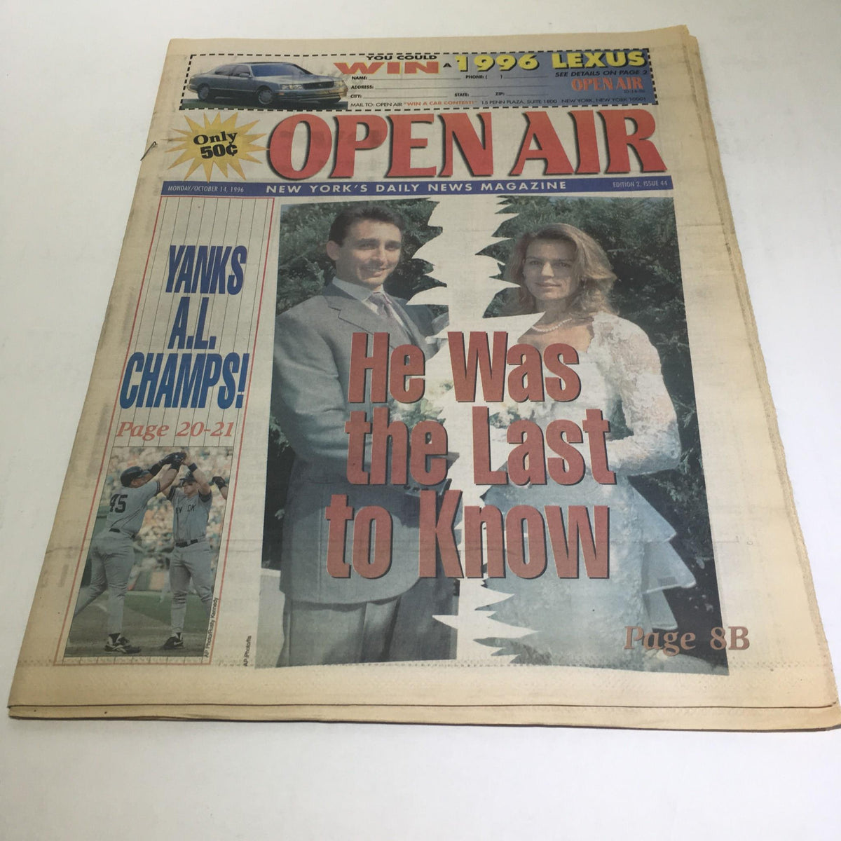 NY Daily News cover from October 14, 1996, featuring the headline 'He Was the Last to Know' alongside two individuals pictured, showcasing a vintage newspaper design.
