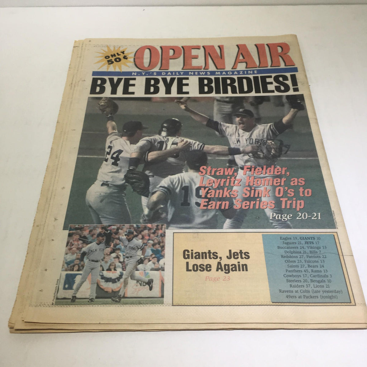 NY Daily News cover titled 'Bye Bye Birdies!' showing a different sports feature and resembling the vintage style of the October 14, 1996 edition.