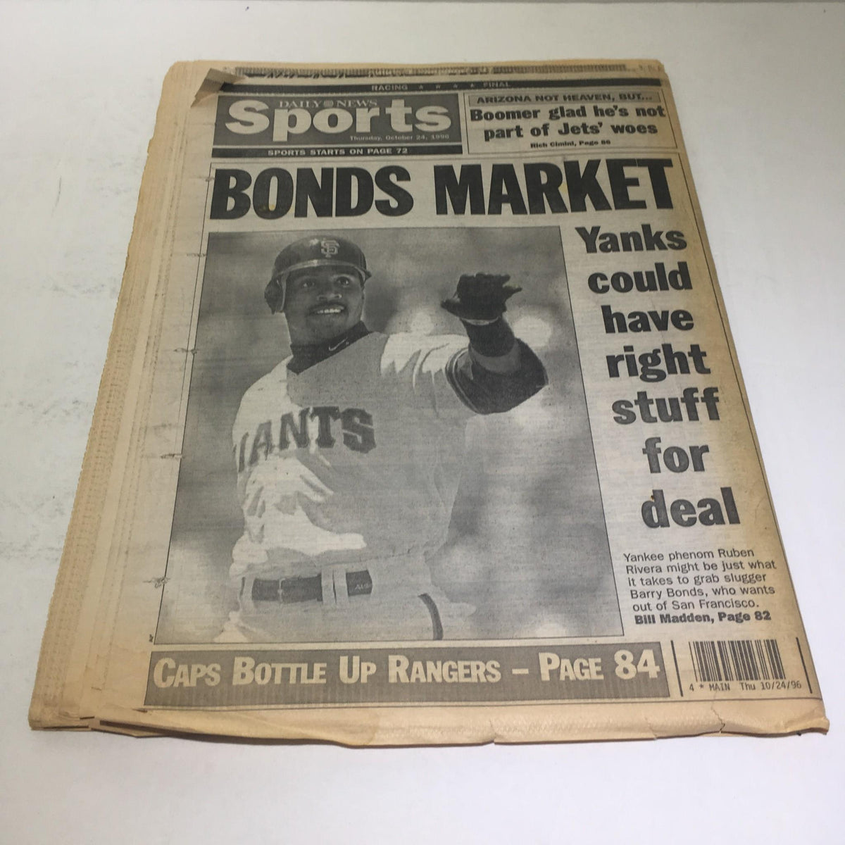 Front page of the New York Daily News dated October 24, 1996, featuring a headline about the Bonds market with a prominent photo of a baseball player.