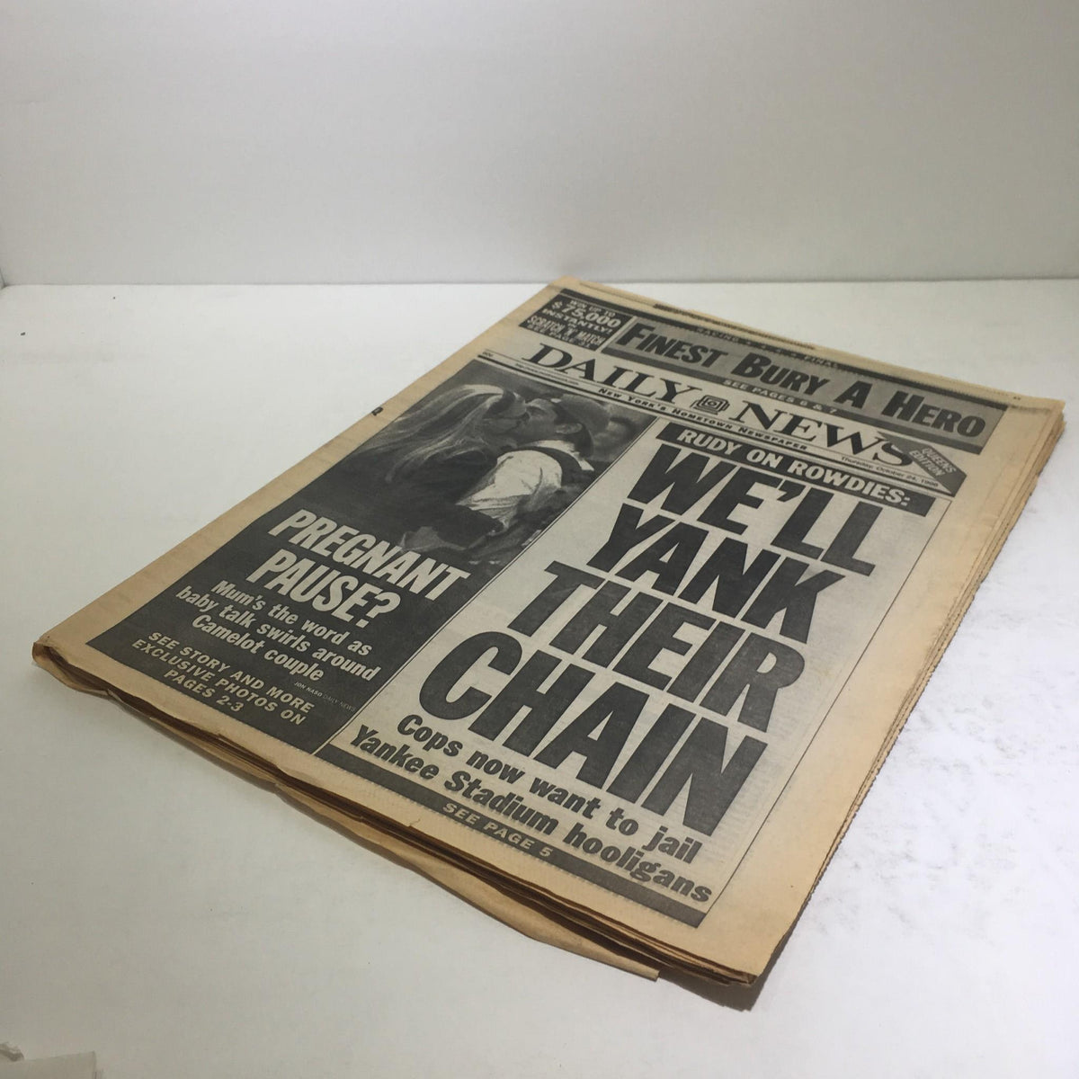 Cover of the New York Daily News from October 24, 1996, with the headline 'WE'LL YANK THEIR CHAIN', addressing police concerns about Yankee Stadium rowdiness.