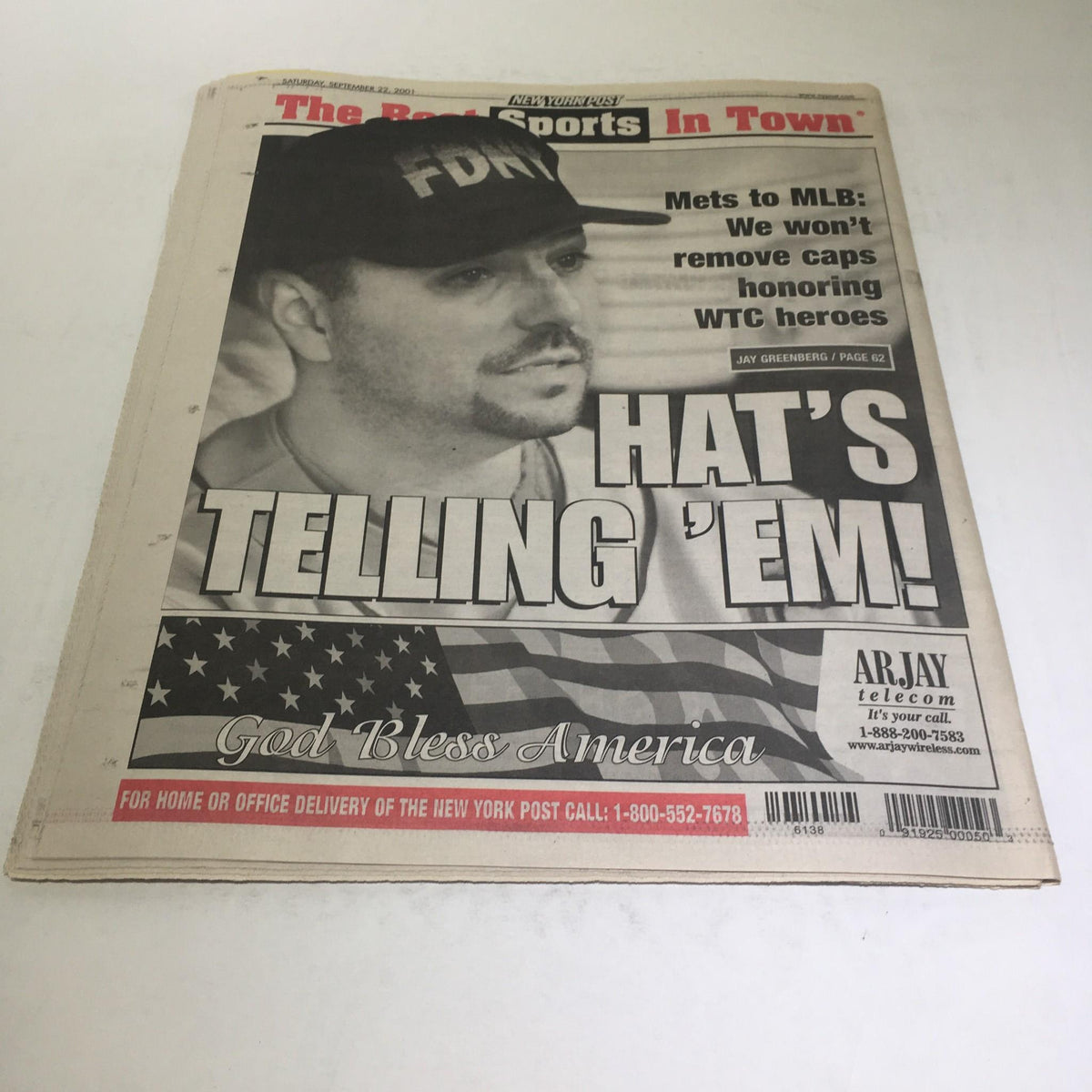 New York Post cover featuring a man wearing a cap with the text 'FBI.' Headline reads about MLB's decision amid honoring WTC heroes.