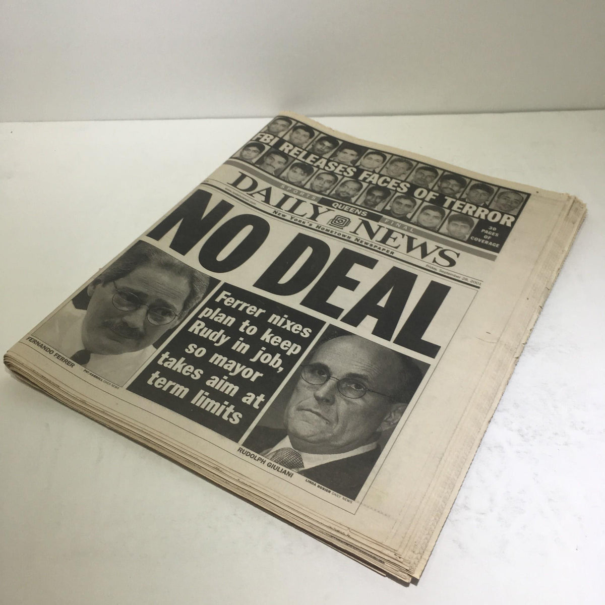NY Daily News cover from September 28, 2001, with the headline 'NO DEAL', featuring portraits related to a political topic involving mayoral term limits.