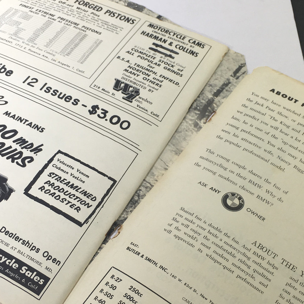 Inside page of the December 1962 VTG Cycle Sport Magazine, displaying advertisements and articles related to motorcycles and automotive culture.