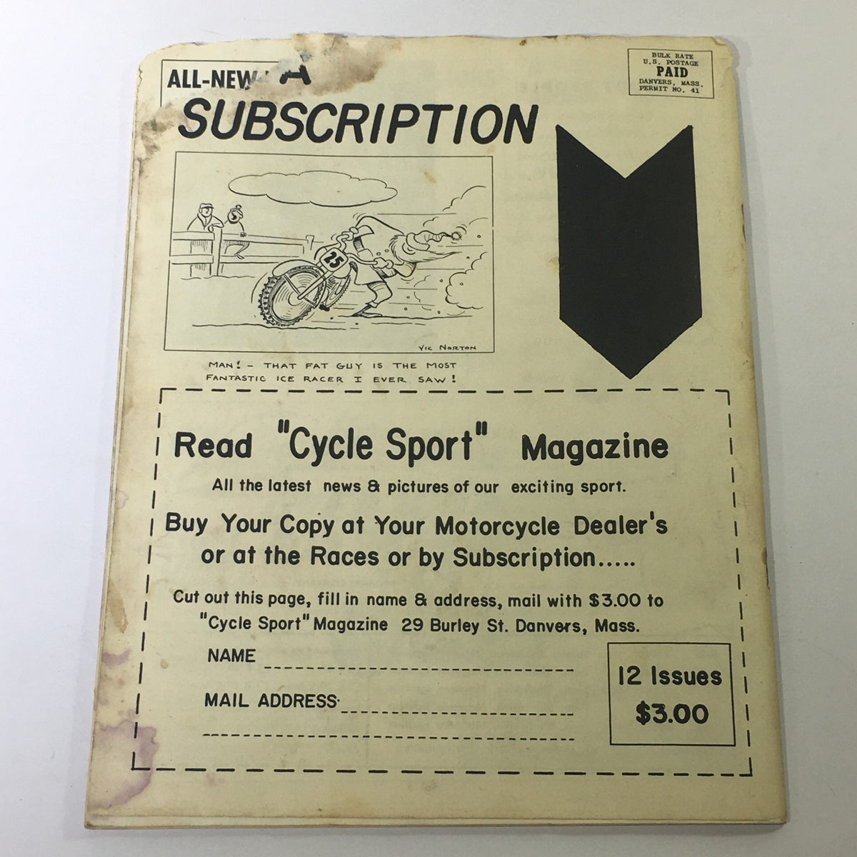 Back cover of the December 1962 VTG Cycle Sport Magazine, highlighting subscription details with a humorous cartoon related to motorcycle racing.