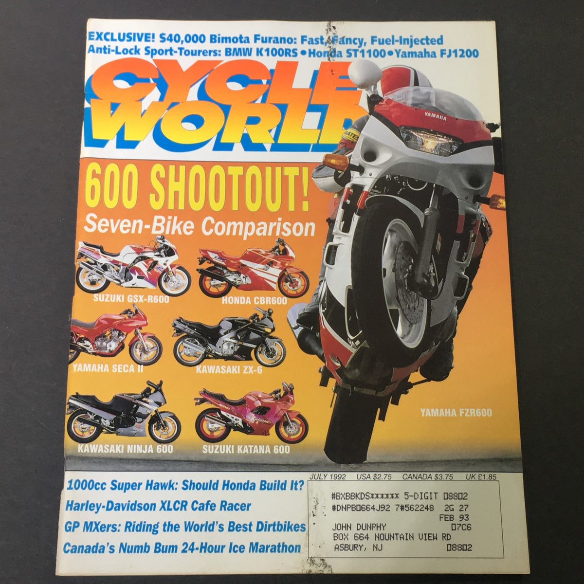 Cover of Cycle World Magazine from July 1992 featuring a seven-bike comparison including Suzuki GSX-R600, Honda CBR600, and Yamaha FZR600, highlighting an iconic moment in motorcycle history.