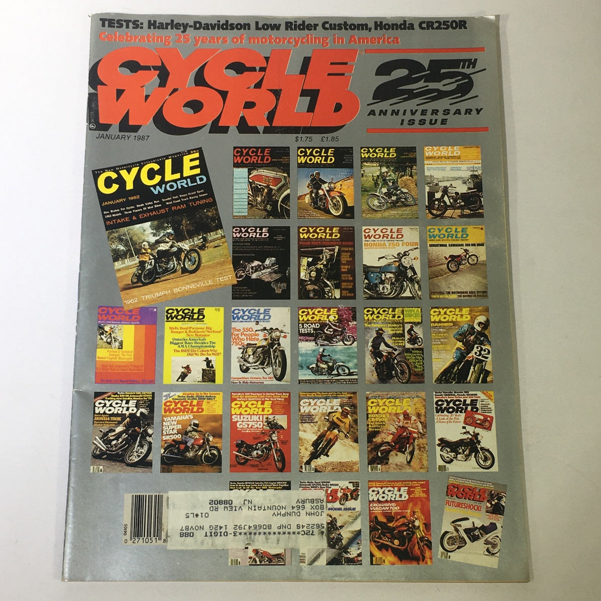 Cycle World Magazine January 1987 edition cover featuring Harley-Davidson Low Rider and Honda CR250R, celebrating 25 years of motorcycling in America. This vintage motorcycle magazine showcases an array of classic Cycle World covers and highlights the iconic motorcycle culture of the late 1980s.