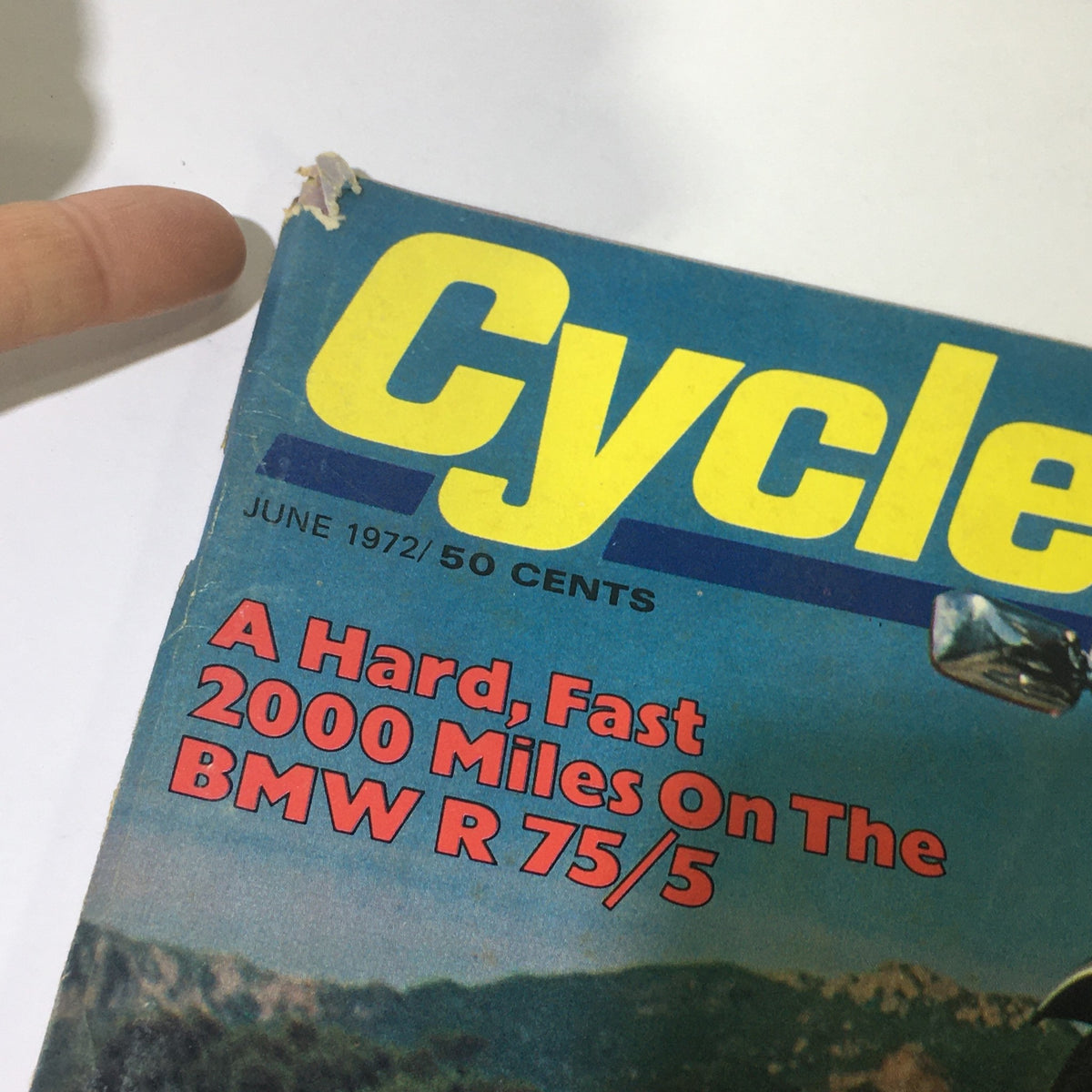 Close-up of the cover of VTG Cycle Magazine June 1972, showcasing details about the BMW R 75/5 and other featured articles.